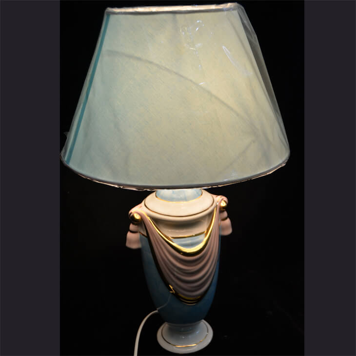 Pottery Lamp / 陶器ランプ - ピンク水色タッセル水色シェード | Angela Rigon / イタリア｜LMP0013RGN