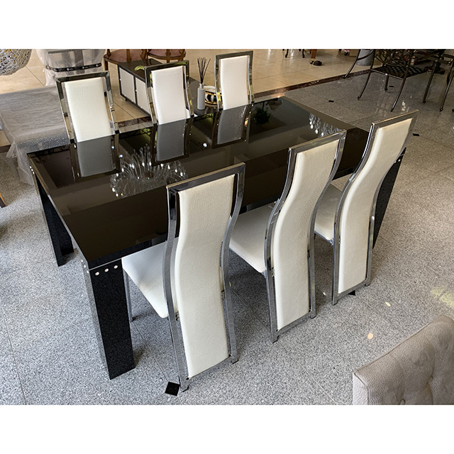 Dining Table - 7Set / 鏡面仕上げダイニングテーブル 7点セット｜イタリア製ダイニング  テーブル×シルバーフレームチェア｜DNG0096IB